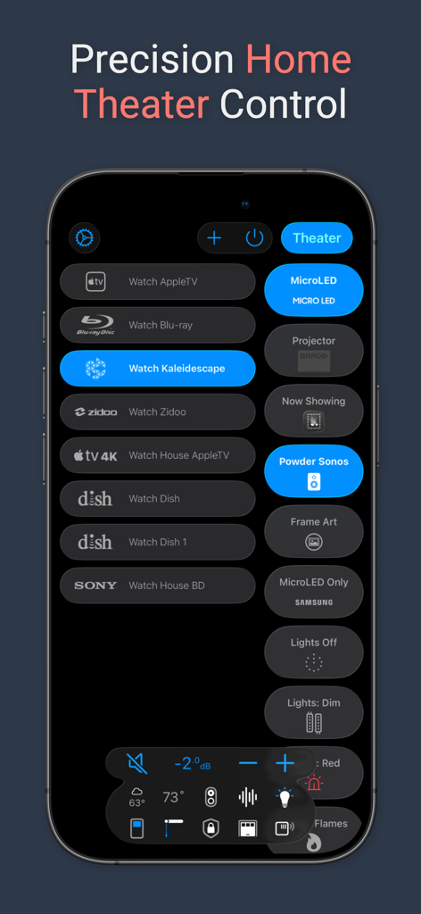 Roomie Remote X app showing precision home theater control for devices like Apple TV and Sonos on an iPhone screen.