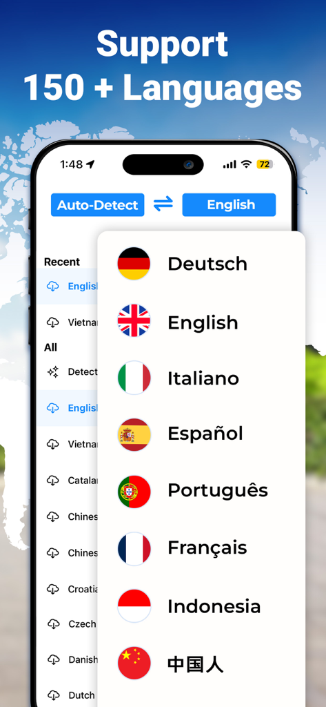 XTranslate - Photo, Voice, PDF - Interfaz de la aplicación móvil XTranslate mostrando una lista de más de 150 idiomas compatibles con banderas nacionales