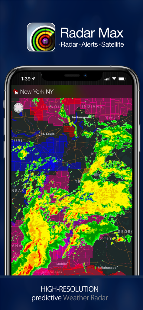 High resolution predictive weather radar map on Radar MAX app