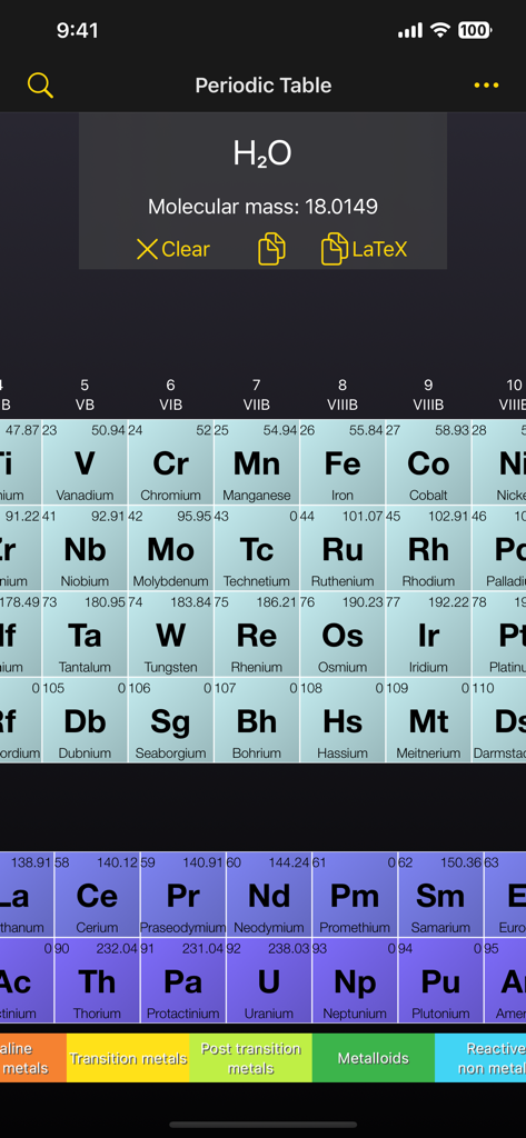 Periodic table app interface calculating the molecular mass of H2O