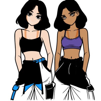 two girls with crop top with baggy pants