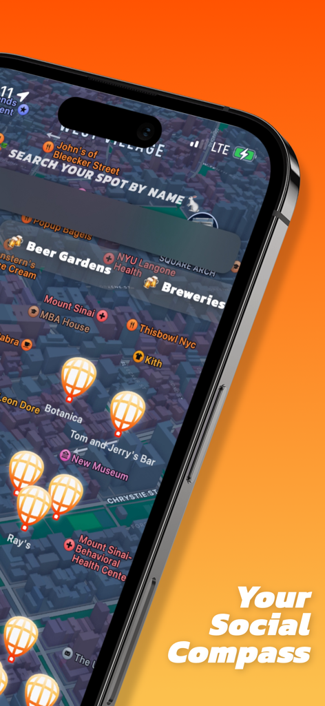 Find Your Vibe - Find Your Vibe app interface featuring a social heat map of venues in New York City with the slogan Your Social Compass.
