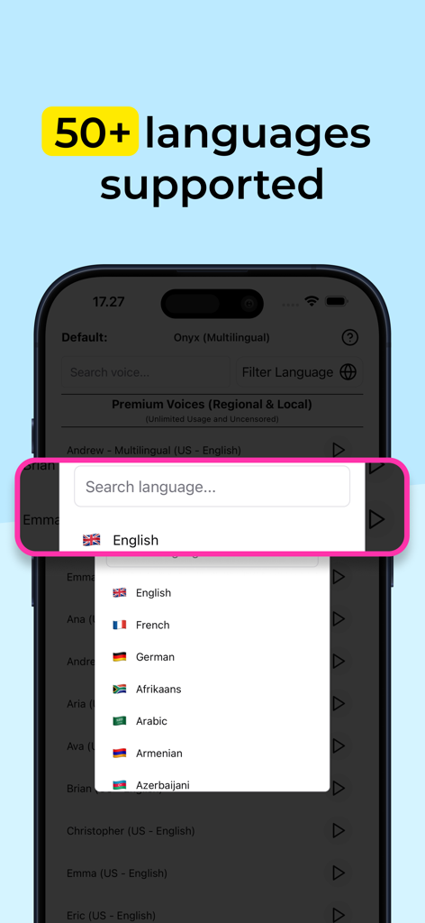 Una interfaz móvil de TTS Reader Pro que muestra un menú de selección de más de 50 idiomas compatibles con sus respectivas banderas.