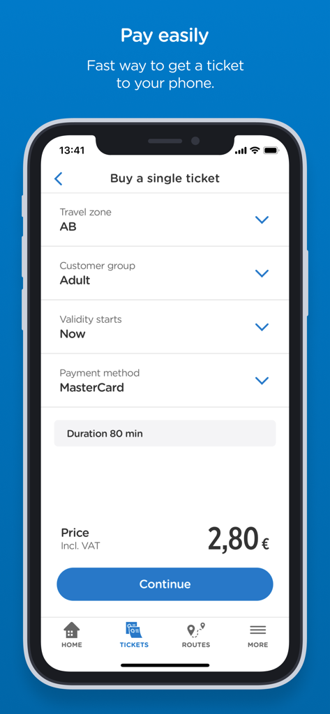 A smartphone displaying the HSL app screen for buying a single adult transit ticket with Mastercard.