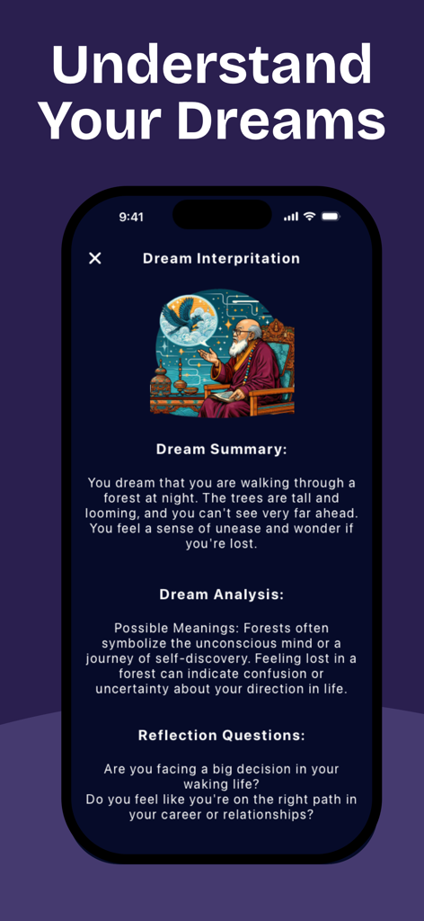 Mindful Slumber: Dream Yoga - iPhone screen of the Mindful Slumber app showing a dream interpretation analysis with reflection questions and a Tibetan master illustration.