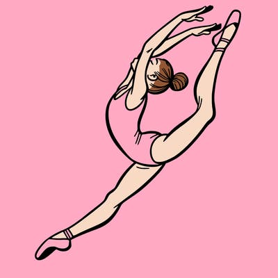 gymnast doing a leap in a leotard with a bent back leg