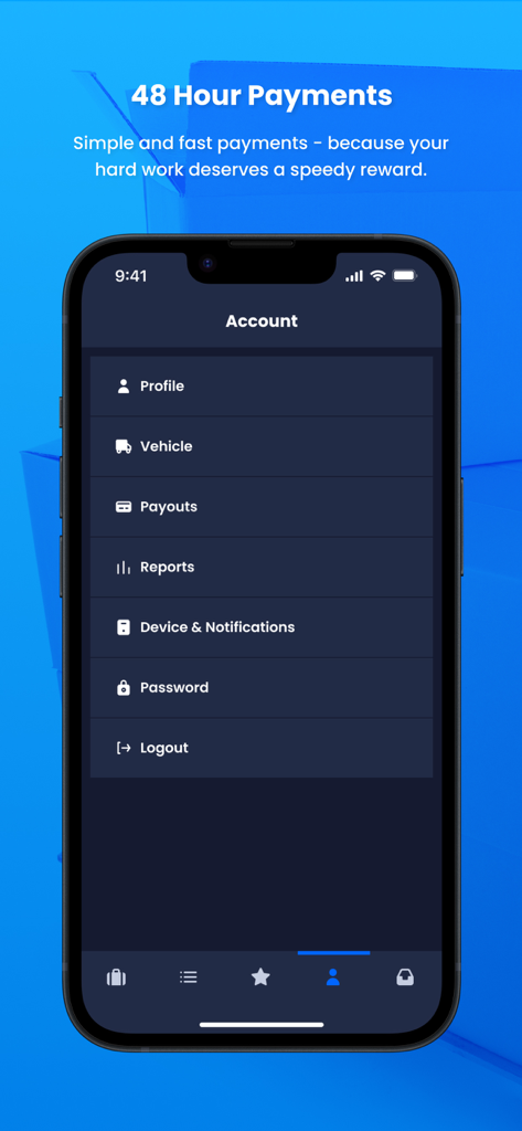 Pantalla de cuenta de la aplicación FRAYT Driver que muestra opciones de pago y configuración de perfil con un titular de pago rápido de 48 horas
