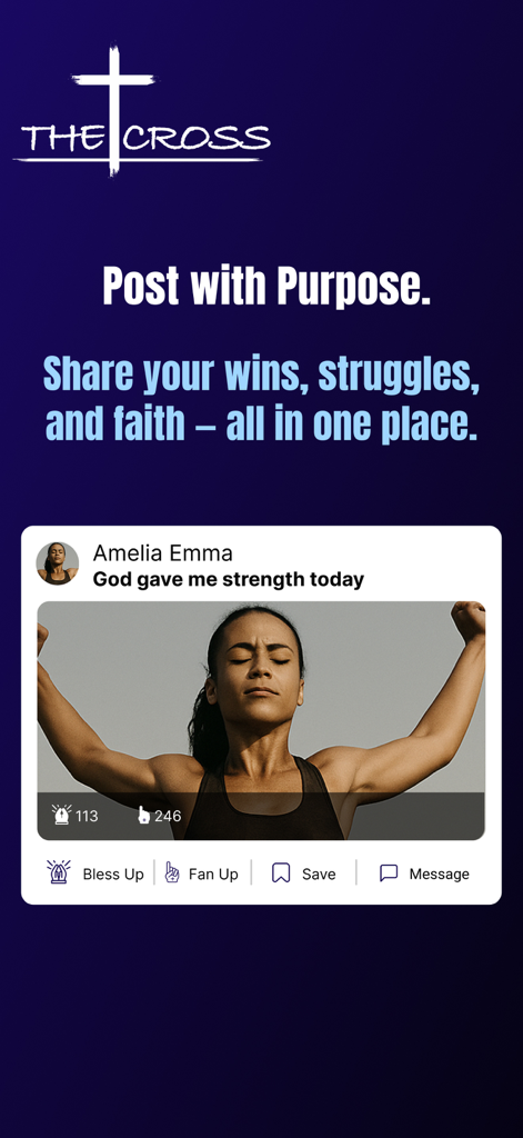여성 운동선수의 신앙 기반 소셜 게시물과 'Bless Up', 'Fan Up' 옵션이 표시된 모바일 앱 스크린샷