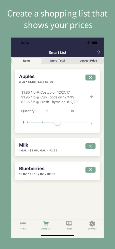 PricedLess - PricedLess 앱의 쇼핑 스마트 목록으로 Costco 및 Cub Foods와 같은 여러 매장에서 사과, 우유, 블루베리의 이력 식료품 가격 비교 표시