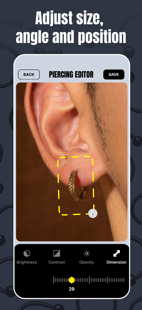 仮想の耳のピアスのサイズと位置を調整する方法を示すモバイルアプリの画面。