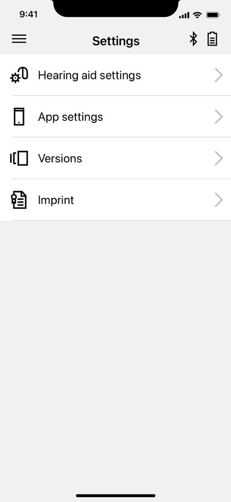 myRemote App - Menú de configuración de la app myRemote que muestra opciones para la configuración de audífonos y la aplicación.