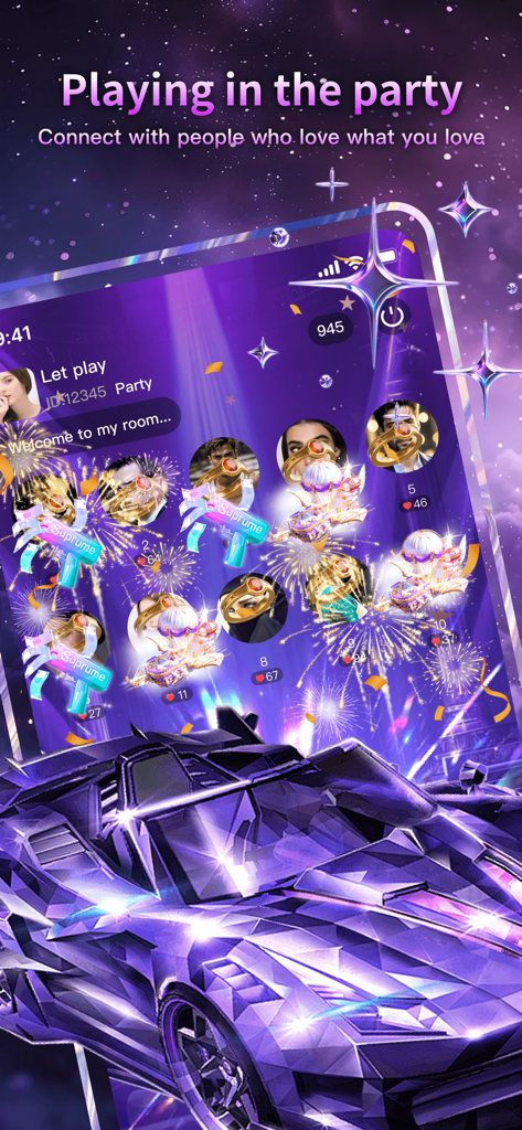 ファセット加工された紫色のスポーツカーとユーザーアバターが表示されたバーチャルパーティー部屋を示すKpartyアプリのインターフェース