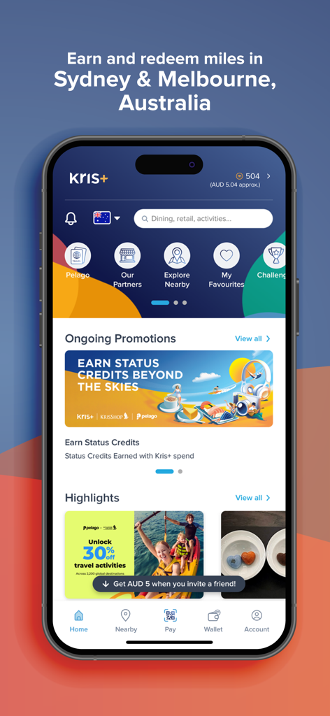 Captura de pantalla de la aplicación Kris plus que muestra recompensas y promociones en Australia
