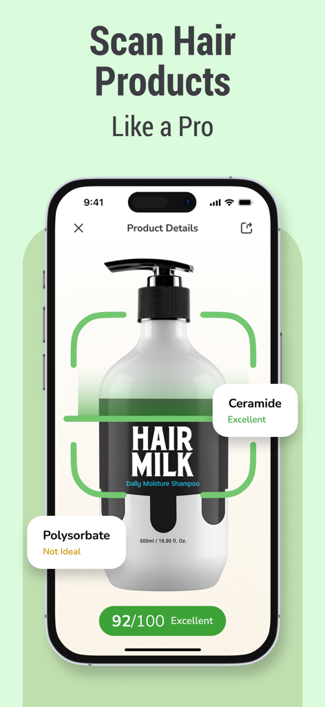 Hair Snap: AI Hair Scanner - Hair Snap app interface scanning a shampoo bottle to analyze ingredients and provide a quality score