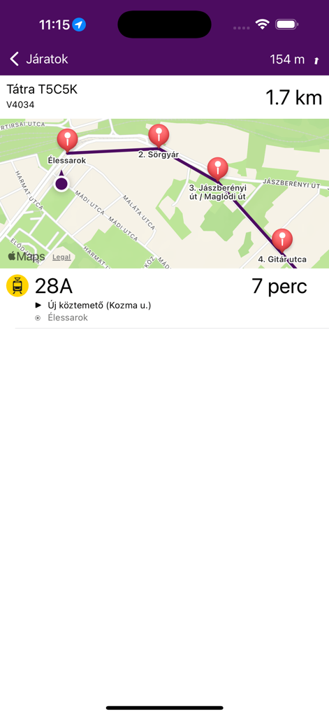 Holabusz - Vista del mapa en la aplicación Holabusz que muestra la ruta en tiempo real y la hora de llegada del tranvía 28A en Budapest