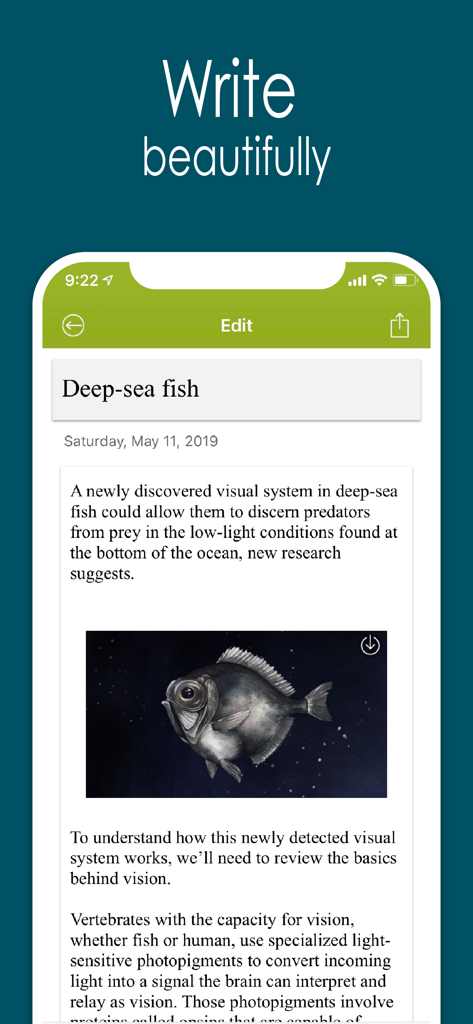 Application Awesome Calendar affichant une note de journal avec une photo intégrée et du texte