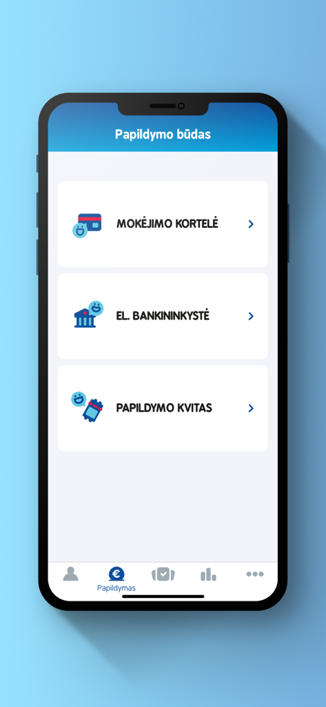 Pildyk app top-up screen showing different payment method options including payment card and e-banking