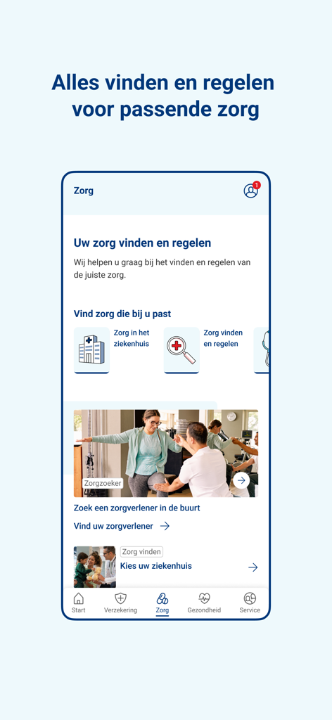 UnitedConsumers Zorg app interface showing healthcare provider search and hospital selection options