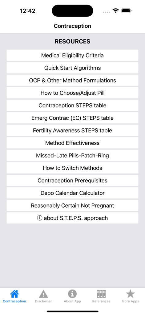Écran du menu principal de l'application Contraception au point de service affichant des ressources cliniques telles que les critères médicaux d'éligibilité et les algorithmes de démarrage rapide.