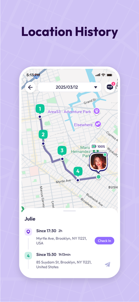 Un mapa que muestra el historial de ubicaciones y la ruta de un miembro de la familia con puntos de referencia numerados y direcciones específicas en la aplicación Link360