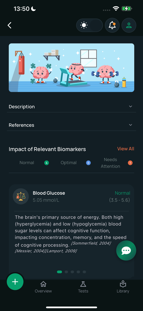 Health3: Blood Work Tracker - Health3 app interface showing blood glucose analysis and its impact on cognitive health