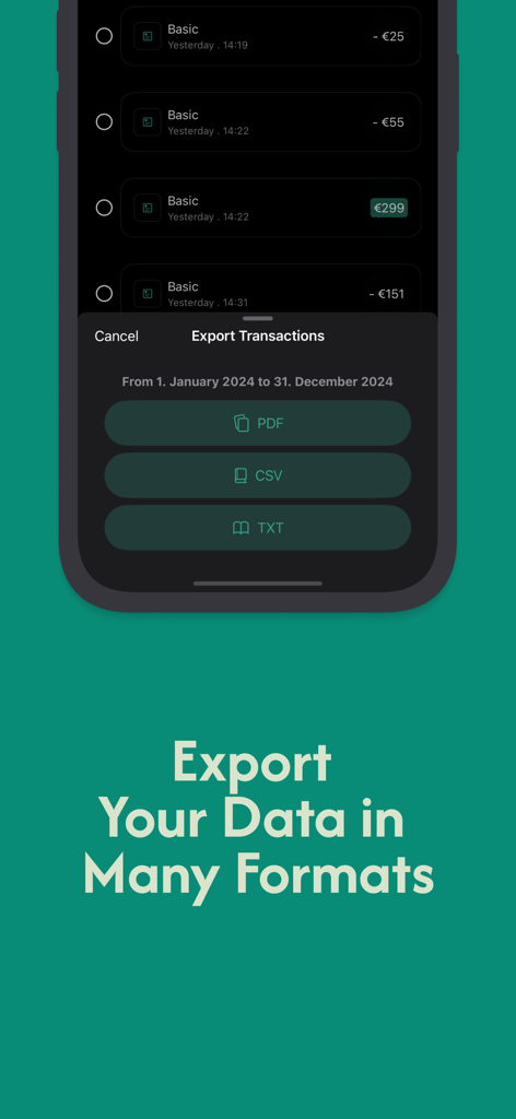 Accounting Bookkeeping Ledger - Accounting app interface showing options to export financial transactions in PDF, CSV, and TXT formats.