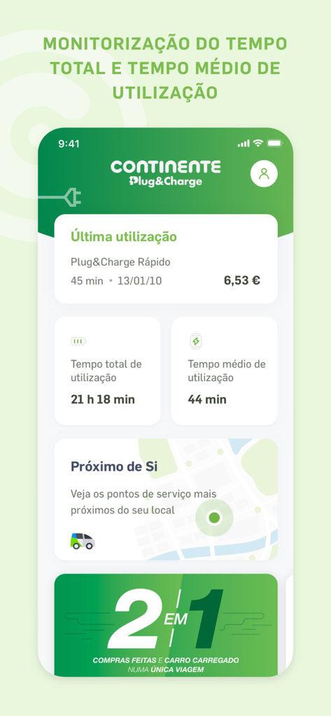 Continente Plug&Charge - Dashboard dell'app Continente Plug and Charge che mostra la cronologia di ricarica e il tempo di utilizzo totale