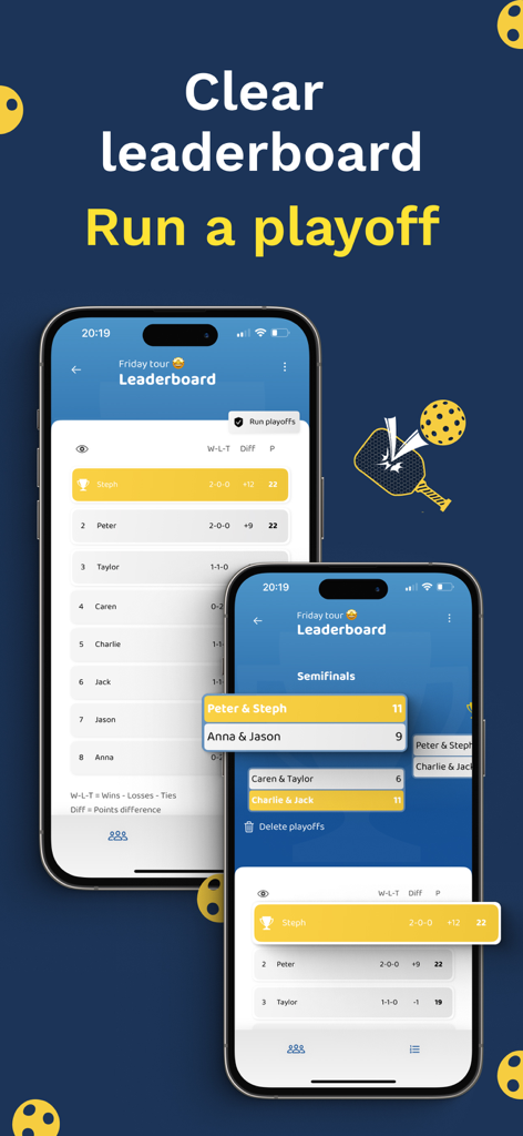 Round Robin Assistant - ラケットスポーツのトーナメントリーダーボードと準決勝を表示するラウンドロビンアシスタントアプリの画面
