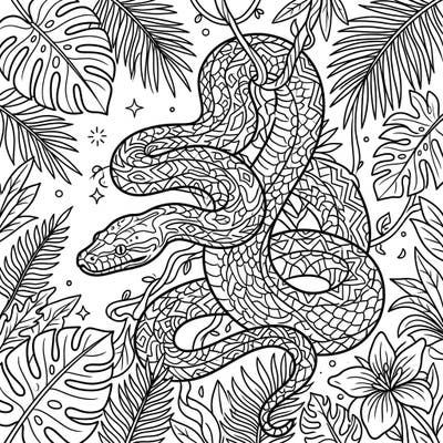 Explore the mysterious beauty of the jungle with this captivating constrictor snake coloring page. Featuring a detailed python or boa entwined with lush foliage, it promises hours of engaging artistic expression.