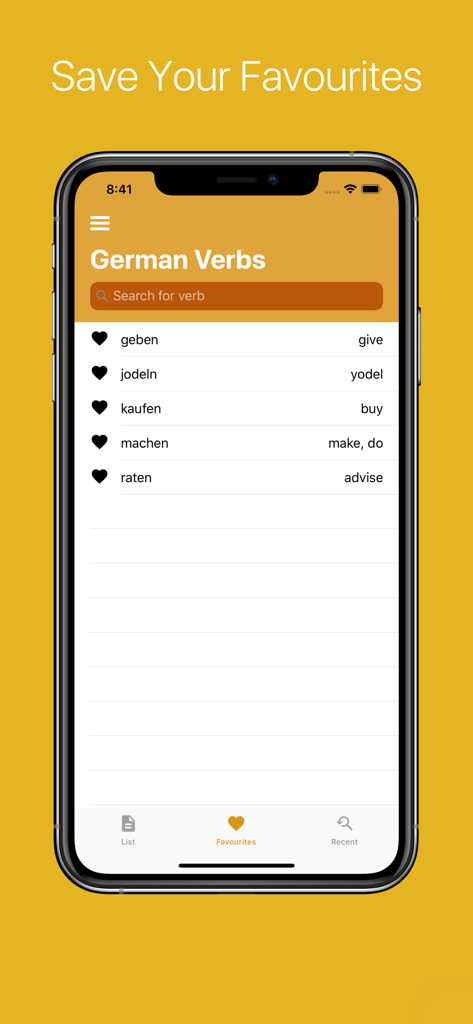 German Verb Conjugator - A screen from the German Verb Conjugator app showing a list of saved favorite verbs with their English translations.