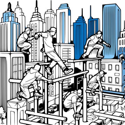 parkour athletes navigating a challenging cityscape