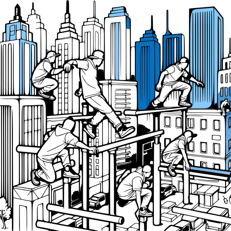 parkour athletes navigating a challenging cityscape