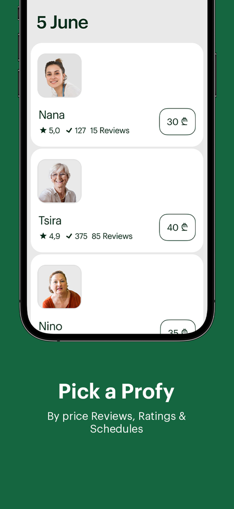 Interface of the Profy app showing a list of service providers with their names, photos, ratings, and prices.