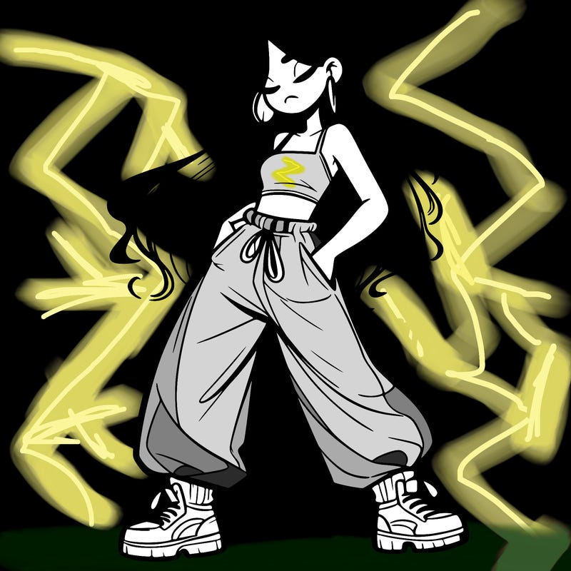 girl in baggy pants crop top and long hair