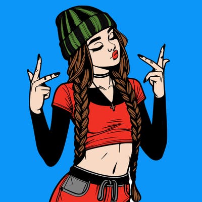 realistic teenage girl with braids and a beanie and crop top doing 🫶🏼