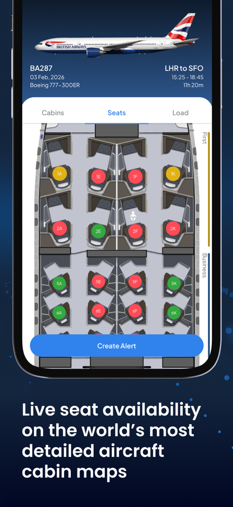 Detailed aircraft cabin map showing live seat availability on the Planepoints app.