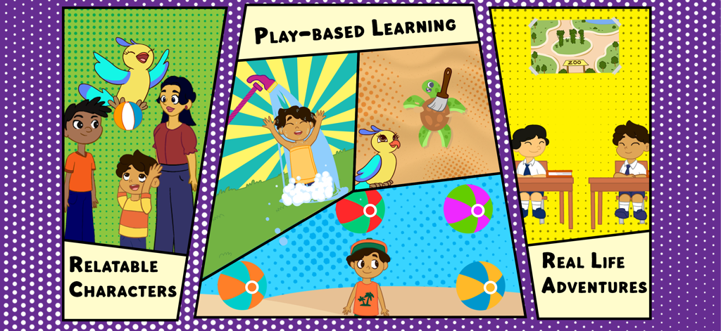 Speakaroo: Speech Therapy - Comic-style illustration of Speakaroo app features showing relatable characters and play-based learning scenes for speech therapy.