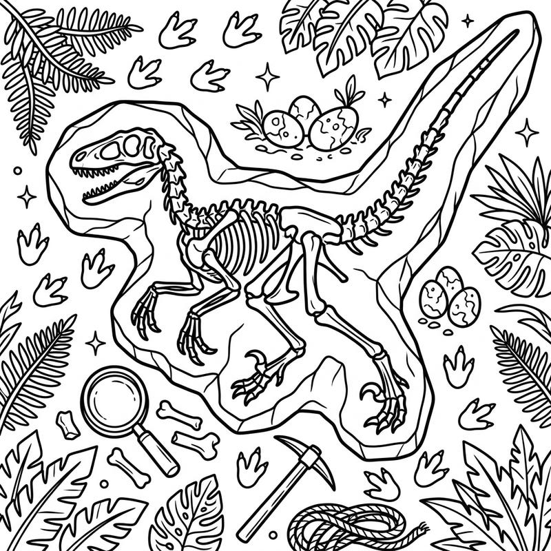 Dive into a prehistoric adventure with this exciting Velociraptor fossil coloring page, perfect for young dinosaur enthusiasts. Kids will love bringing this ancient discovery to life amidst jungle leaves and archeological tools.