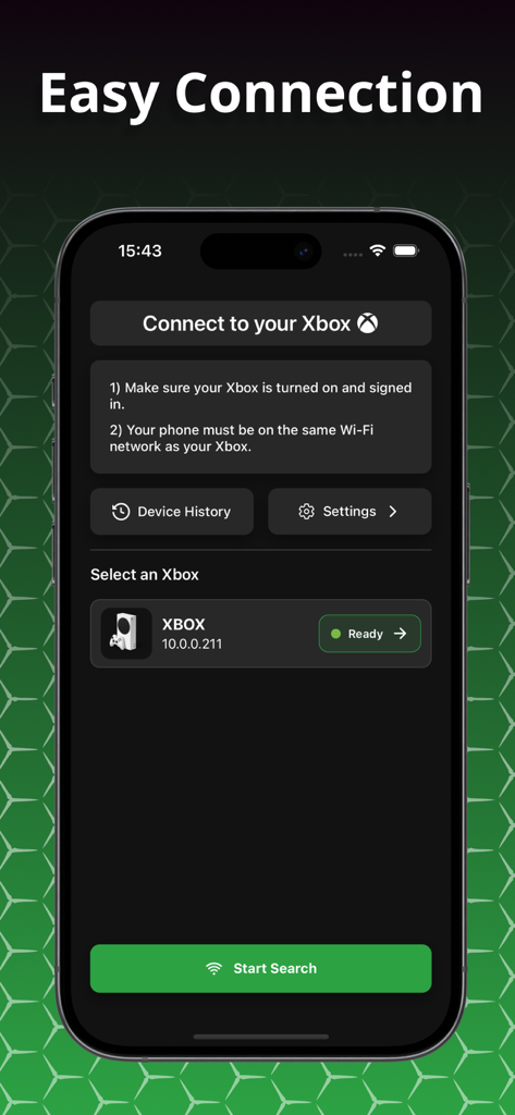 XB | Controller App For Xbox - Smartphone screen showing the easy connection process to link the XB controller app to an Xbox console via Wi-Fi.