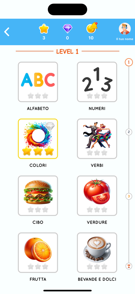 Learn Italian beginners - Interface of the Learn Italian beginners app showing level 1 topics like alphabet, numbers, and food