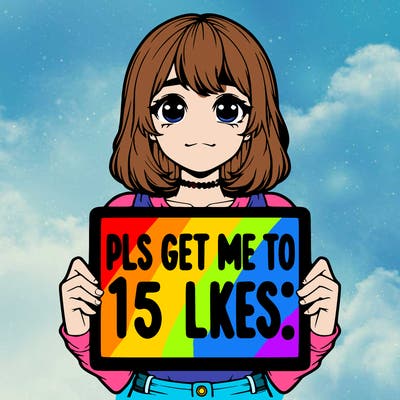realistic girl holding up a sign that says “pls get me to 15 likes!”