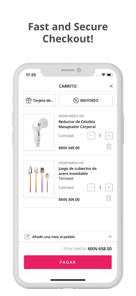 Andromeda Inc - app - Pantalla del carrito de compras de la app Andromeda Inc con productos de belleza y hogar listos para pagar.