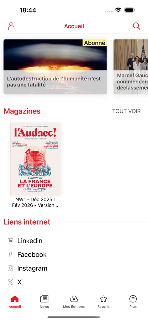 Revue L'AUDACE - Home screen of the Revue L'AUDACE app showing featured political articles and the latest magazine issue.