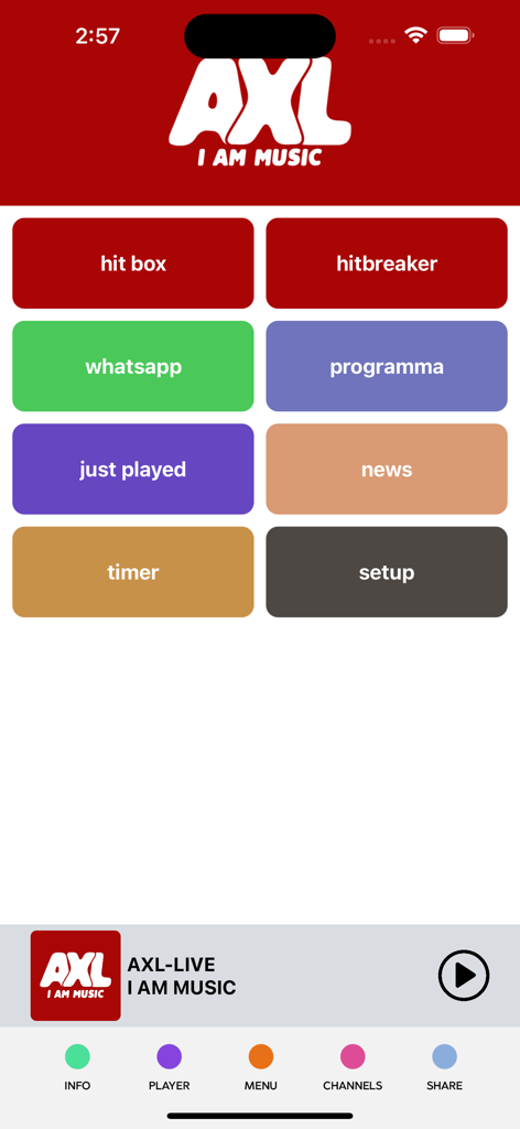 AXL - Écran du menu de l'application musicale AXL montrant divers boutons de navigation et la barre du lecteur en direct