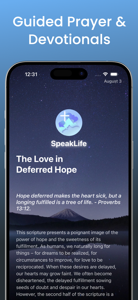 SpeakLife app screen showing a guided prayer and devotional about deferred hope with a quote from Proverbs 13 12