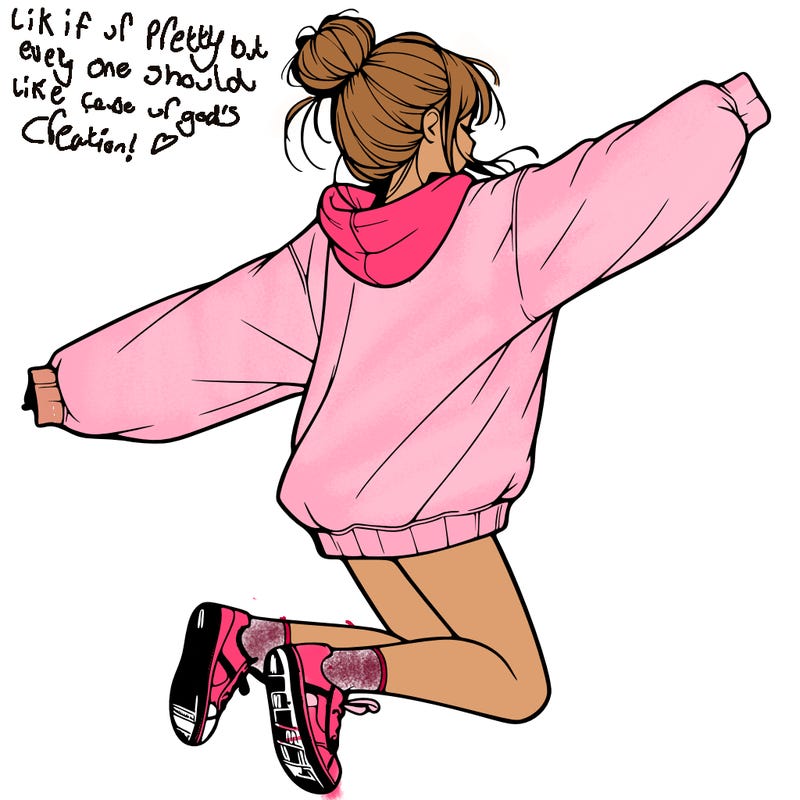 realistic girl jumping with a bun and oversized sweatshirt