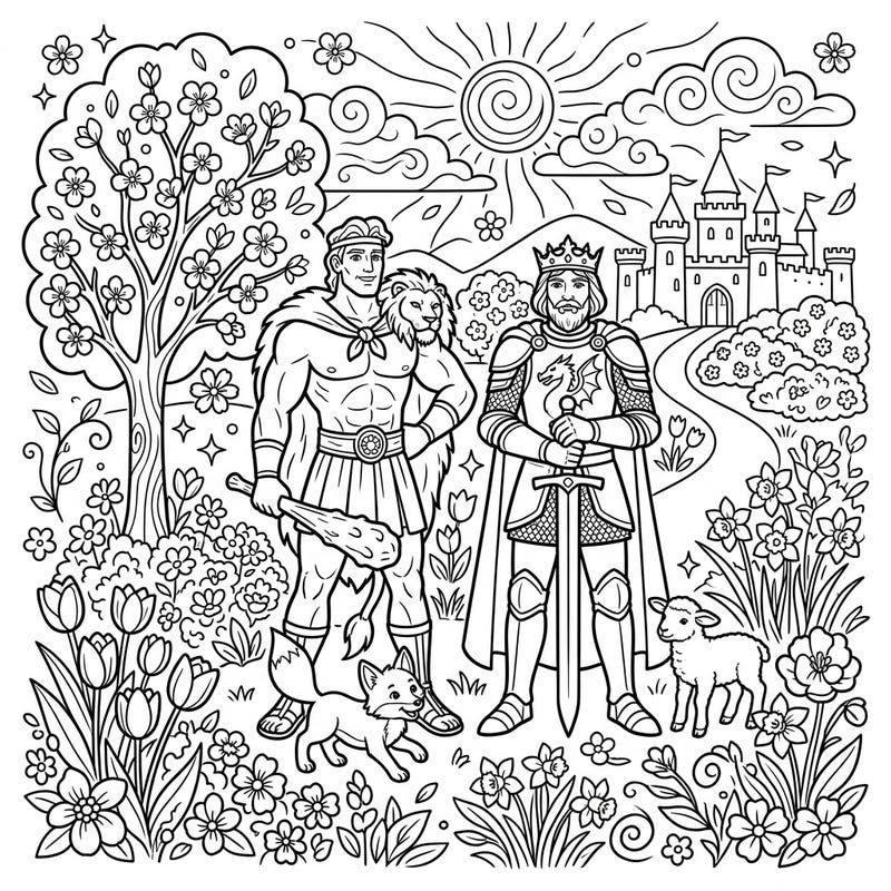 Embark on an epic coloring journey with this stunning page featuring mythological heroes like Hercules and King Arthur. They stand majestically in a blooming spring landscape, ready for your creative touch.