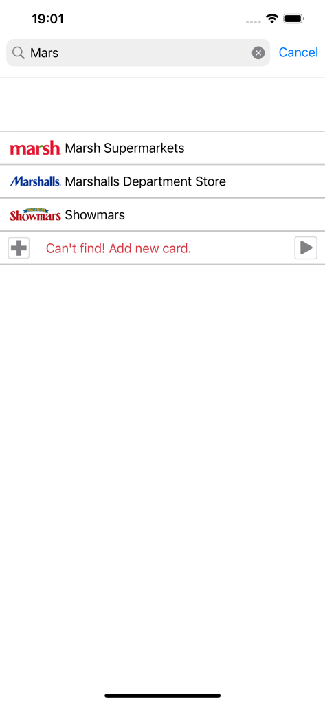 Card Yard - Search results for store loyalty cards like Marsh Supermarkets and Marshalls in the Card Yard app