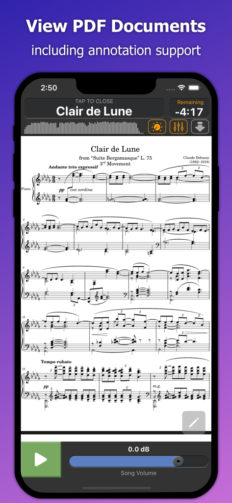 Stage Traxx 3 - Stage Traxx 3 app displaying a sheet music PDF on a smartphone screen with playback controls.
