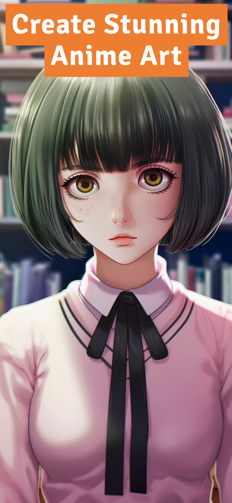 AI Anime Art Generator App - 短い緑の髪とピンクのシャツの少女のAI生成アニメアートポートレート